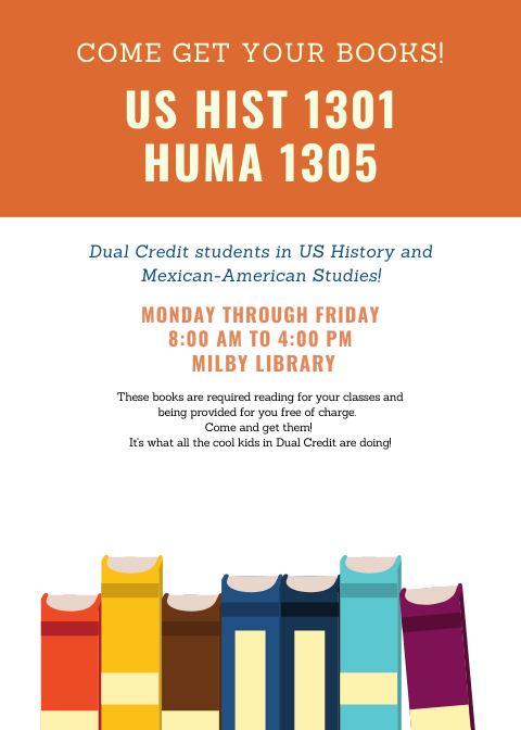MilbyDCP's tweet photo. Hey, Dual Credit Buffs in US History and Mexican-American Studies, you need to pick up your books.  They are in the Milby Library.  Put on your masks and come on down! @Milby_HS @MilbyCCC @Rruiz3Rruiz2 @milbylibrary @MilbyCounseling https://t.co/QyfFLp9Z76