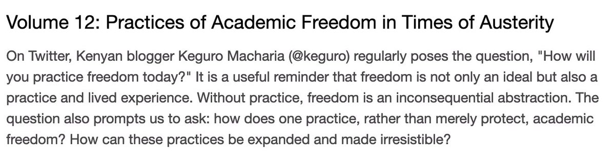 First, it seems that academic freedom is often thought of as a domain to defend or preserve. As the first line of the CFP notes, I was inspired by  @keguro regular prompt: how will you practice freedom today? While not about academic freedom, per se, the question got me thinking.