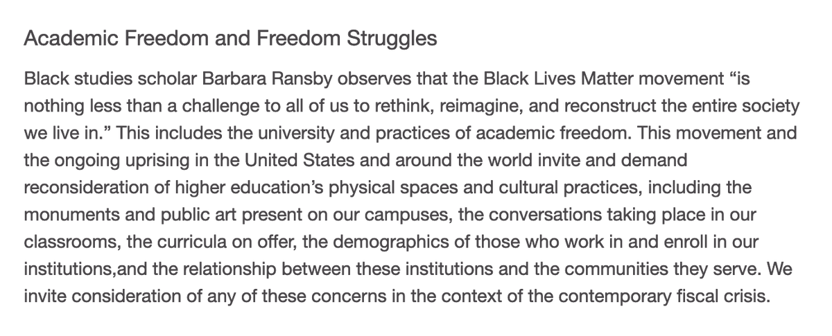 Along these lines, I’ve been pondering Scholars for Social Justice ( @ScholarsForSJ), the invest/divest campaigns, and the valuable provocations and framings of  @abolitionu. How might we think of this work as practices of academic freedom connected to freedom struggles?