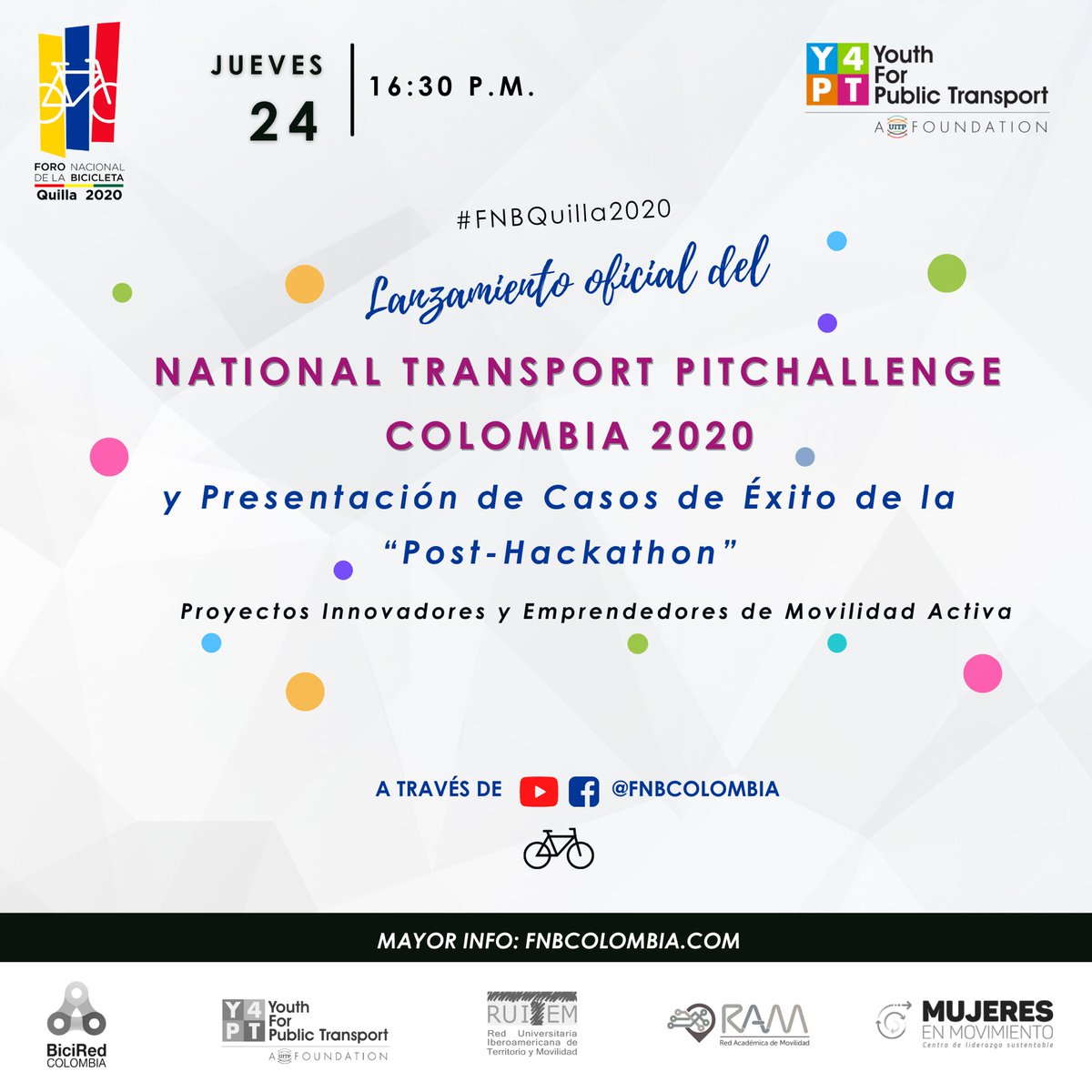 #HOY a las 4:30 p.m. 🚴🏻‍♀️🚴🏽 Es el Lanzamiento Oficial del National Transporte Pitchallenge #Colombia 2020 de <a href="/Y4PTco/">🚦 Y4PT Colombia 🇨🇴</a> y la presentación de casos de éxito de la Post-Hackaton- proyectos innovadores de movilidad activa 

¡No te quedes por fuera! 

📲 LINK: youtu.be/nv--if-3Rho