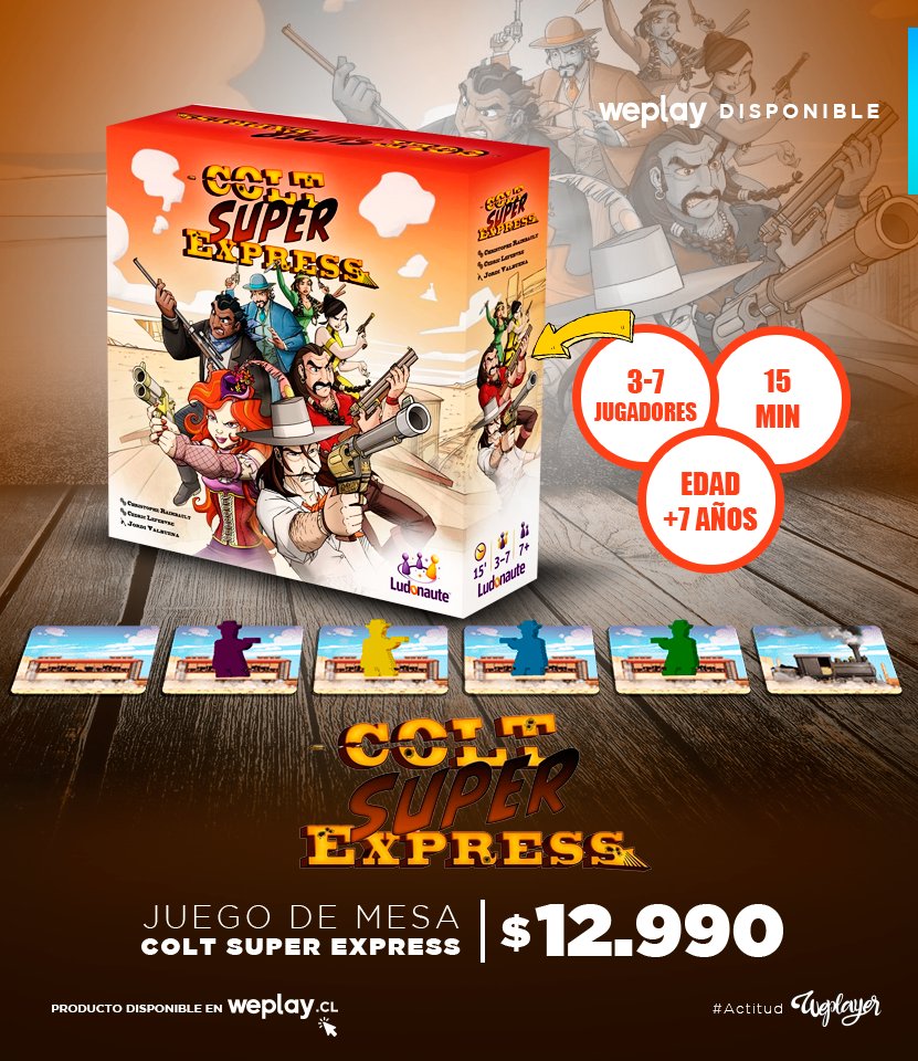 weplaystore_cl's tweet photo. [NEW ARRIVAL] ¡Planifica tus movimientos con astucia para evitar las balas y ser el último bandido que quede en pie en el tren! 🙌 Disfruta el entretenido juego de mesa #ColtSuperExpress 😎 Disponible en web ➡https://t.co/m7nmzyGrKN ⬅ #WeplayStore https://t.co/QiqUg7lkMr