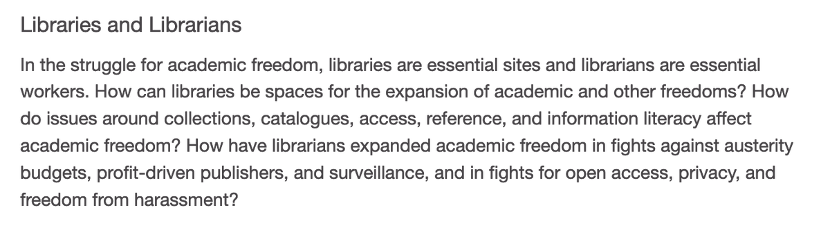 The struggle has locations. Two sites in the struggle for academic freedom are the classroom and the library. How is academic freedom practiced in these spaces? How can we expand and connect practices?