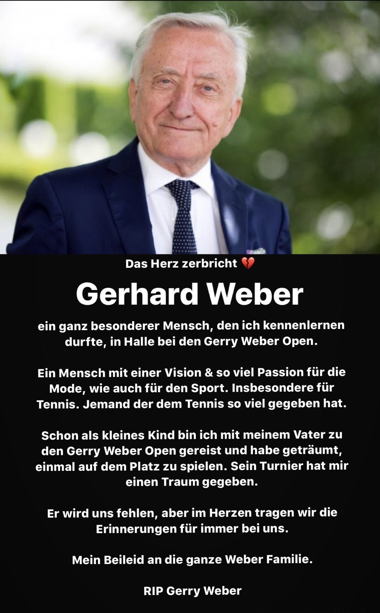 Sabine Lisicki on Twitter: "Mein tiefstes Beileid an die Weber Familie 💔  Ein humorvoller Mensch, mit einer Vision &amp; der Liebe zur Mode &amp; zum  Sport. Gerry Weber gab mir einen Traum.