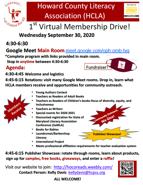HoCoReads's tweet photo. Don't miss our first VIRTUAL Membership Drive Wednesday, September 30 from 4:30-6:30!  Learn who we are, what we do, and how we take action towards Literacy and Justice For All! https://t.co/7lgYaCuESv