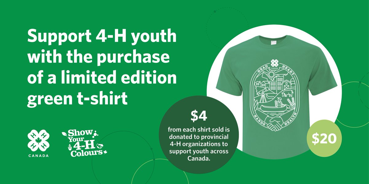 4HCanada's tweet photo. The 2020 limited edition Show Your 4-H Colours T-shirt is the perfect way to wear green on November 4 and support 4-H youth across Canada! Get yours today at https://t.co/qoAj6QyDRG. https://t.co/eFBDJsHHbJ