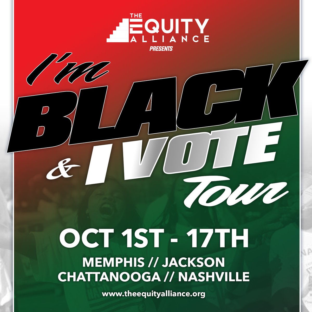 EquityAlliance1's tweet photo. Coming to a city near you! Save the date for the "I'm Black & I Vote" Tour.
October 1-17th
🍳brunch
🍹happy hour
📱texting parties
🧍🏾♀️days of action
💫 good vibes
#Memphis #Nashville #Jackson #Chattanooga #Tennessee #VoteMOB #blackvotesmatter #election2020 #votingislit https://t.co/dzTETwsjTf