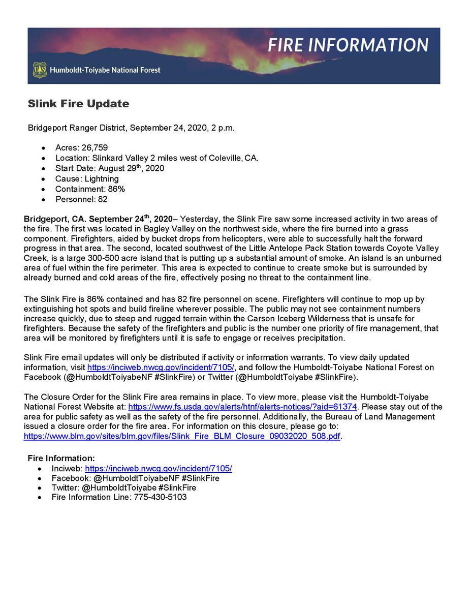 HumboldtToiyabe's tweet image. #SlinkFire update: Smoke is visible in the area, being produced by a large island within the fire perimeter. This area is expected to continue to create smoke but is surrounded by already burned and cold areas of the fire, effectively posing no threat to the containment line.