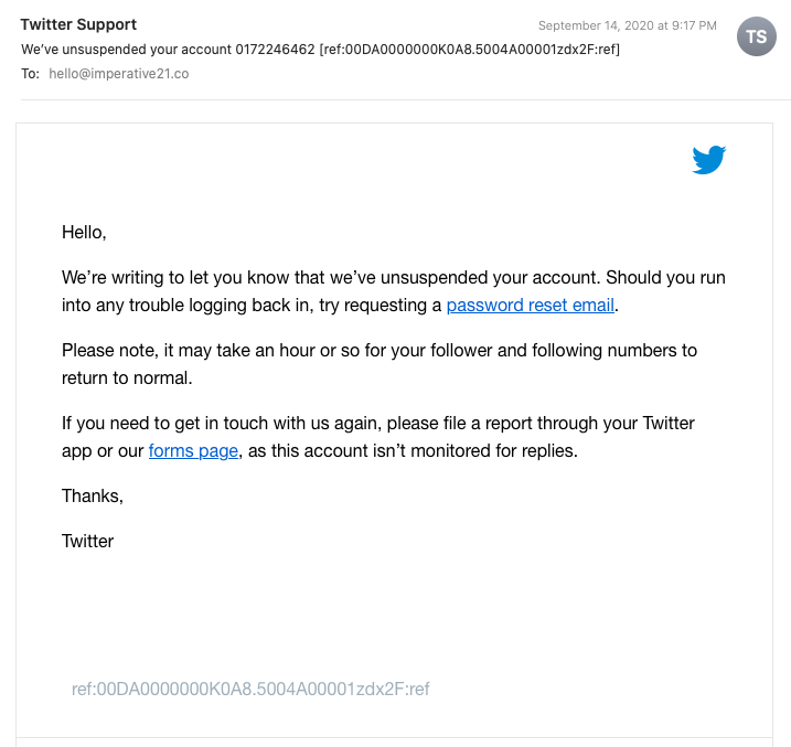 Imperative_21's tweet photo. @TwitterSupport I received notification that you had unsuspended the @Imperative21 account but in fact you had unsuspended @Imperative_21. Can you please unsuspend @Imperative21 so we can migrate over to that handle? Thanks! https://t.co/ctjnvUUIfs