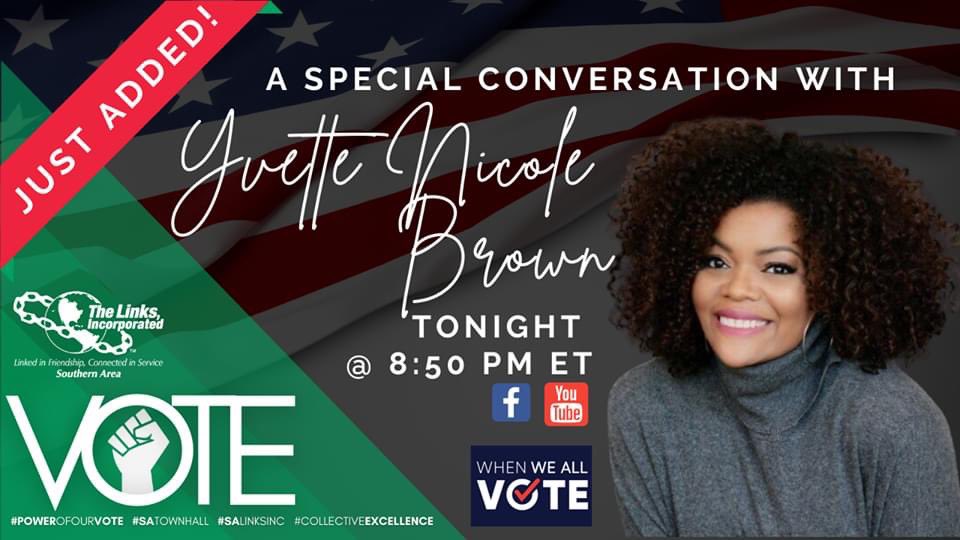 salinksinc's tweet photo. ‼️ 𝙅𝙐𝙎𝙏 𝘼𝘿𝘿𝙀𝘿 ‼️

A Special Conversation with Yvette Nicole Brown starting at 8:50 PM Eastern.  Hear how she is using her voice in Hollywood and beyond to make a difference in the upcoming election!

#satownhall #PowerofOurVote
#salinksinc #linksinc #collectiveexcellence https://t.co/lDYbB7NbT6
