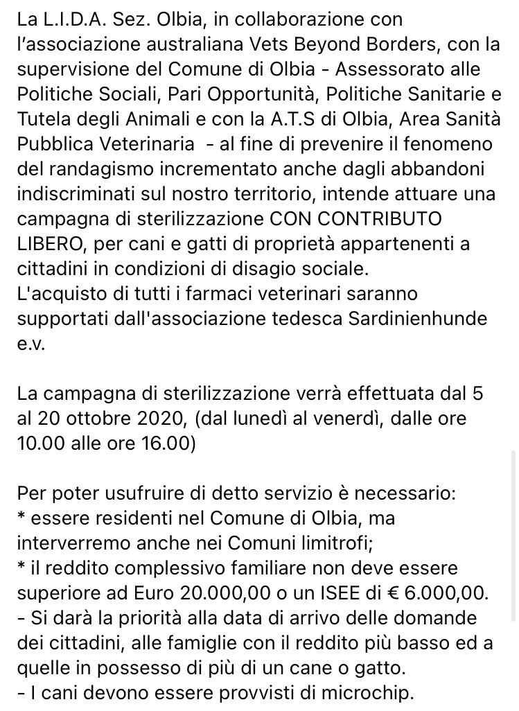 LidaSezOlbia's tweet photo. La @LidaSezOlbia, con l’associazione australiana #VetsBeyondBorders, intende attuare una #campagnadisterilizzazione CON CONTRIBUTO LIBERO, per cani e gatti di proprietà appartenenti a cittadini in condizioni di disagio sociale.
https://t.co/fReyREzgtM
⬇️leggi tutto nelle foto⬇️ https://t.co/IB91JRsYcP