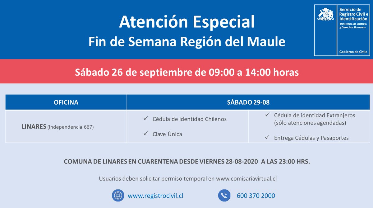 [ATENCIÓN] 📢

Si eres de #Linares y no puedes realizar tus trámites de cédulas, pasaportes o clave única durante la semana, revisa esta información y compártela. 

#ElRegistroEsDeTodos
#CuidaTuCedula