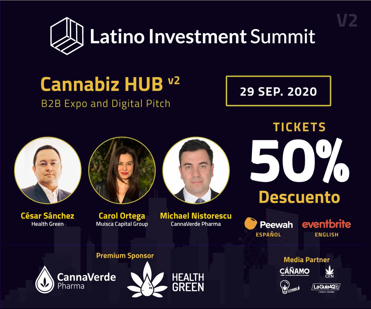 MuiscaCapital's tweet photo. "Los emprendedores cannábicos se dan cita este 29 de septiembre en Latino Investment Summit en busca de capital confrontando sus compañías frente a #sharks reconocidos de la #industriacannabica.
Aprovecha el 50% de descuento en boletería y participa!
Aquí: https://t.co/rue1dS3DW6 https://t.co/OSfaqphMzf