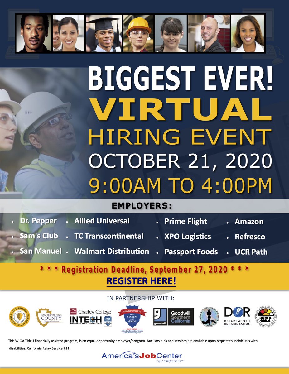 SBCWorkforce's tweet photo. Job seekers must register by September 27th. 
Register today at: https://t.co/8rLbmIXo2D 
#WeAreWorkforce #SanBernardinoCounty https://t.co/TigTPnTPOo