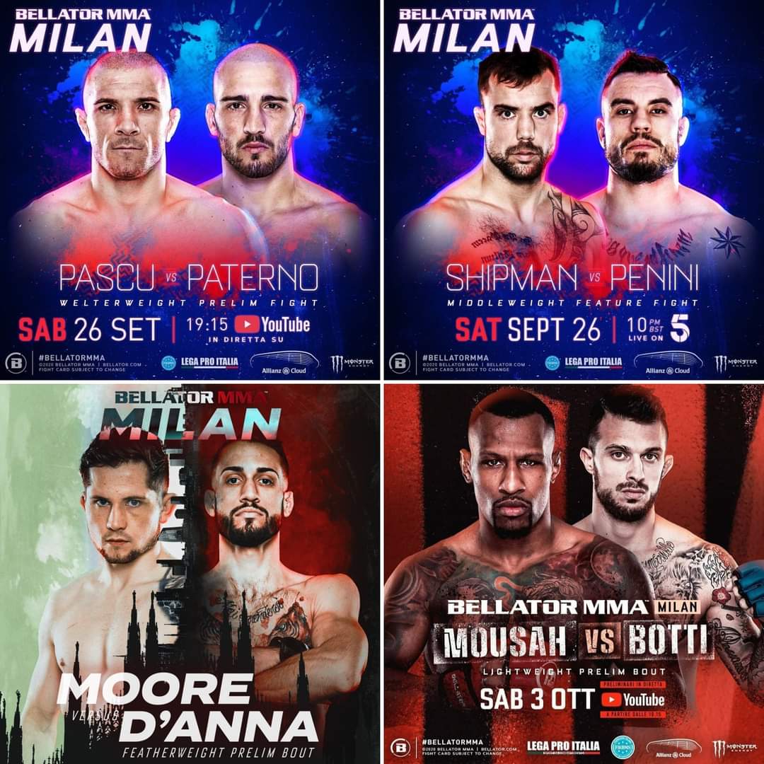 ITFMTW's tweet photo. Our 4 Italian Knights at Bellator MMA in Milan! 

Middleweight Co-Main Event
Pietro Penini vs Mike Shipman on Saturday September 26th.

Welterweight Fight
Stefano Paternò vs Ion Pascu on Saturday September 26th. https://t.co/PSGOJnDL7H