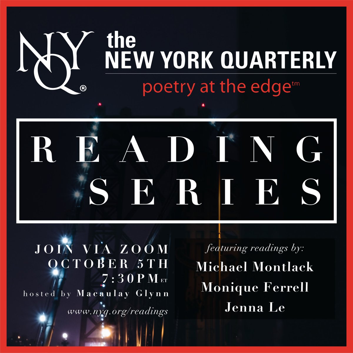 nyquarterly's tweet photo. TONIGHT! The NYQ Reading Series returns October 5th at 7:30 ET featuring Michael Montlack, Monique Ferrell, and Jenna Le #nyq #nyquarterly #poetryattheedge #poetryandsociety

Facebook: https://t.co/GShpNdKMQu

Zoom: https://t.co/b0WxOA4ccn https://t.co/H5aejVyX95