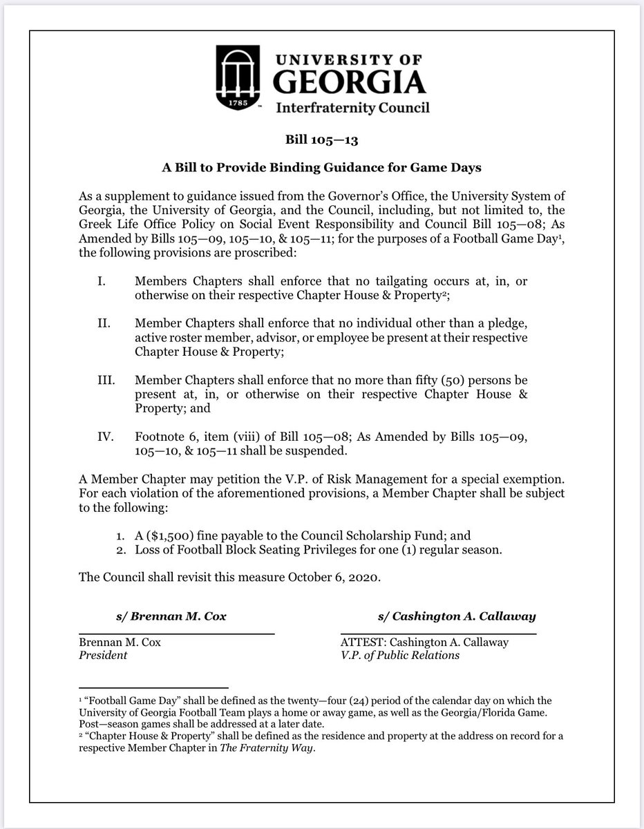 <a href="/UGA_IFC/">UGA IFC</a> continues to commit to the health and safety of the university community, passing this bill prohibiting tailgating on Chapter house property on Football Game Days.