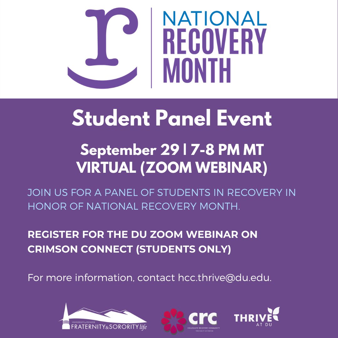 Join us for a panel featuring students in recovery in honor of National #RecoveryMonth! Register on Crimson Connect.