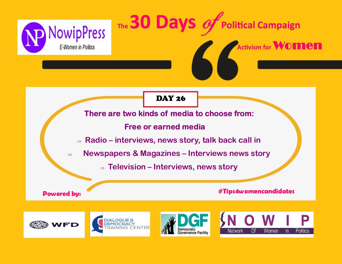 nowipofficial's tweet photo. #Tip78 30 days of political campaign with our partners @WFD_Uganda @dialogue_Ug @DGFUganda17 @UWOPA 

#Tips4womencandidates https://t.co/82hQyxXbUz