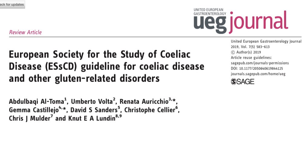Here’s a thread summarising the coeliac disease guidelines in  @UEGJournal  @my_ueg  https://journals.sagepub.com/doi/pdf/10.1177/20506406198441251) What is it?CD is a chronic, multiorgan autoimmune disease that affects the small bowel in genetically predisposed persons exposed to gluten.