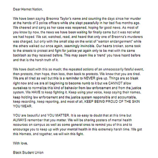 We support the Black Lives Matter movement and we support our Hornets. As always, be strong and keep those Stingers Up!