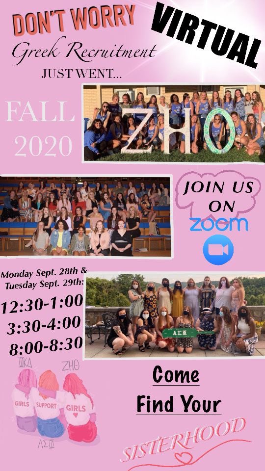 SORORITY RECRUITMENT IS NOW VIRTUAL! Come and join us Monday or Tuesday for an info session! Have questions? DM us!