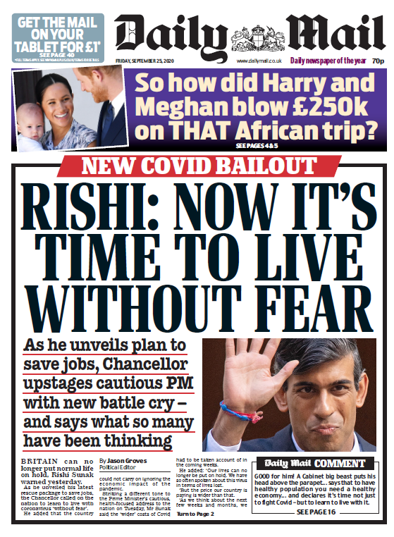 BBCNews's tweet photo. Friday's Mail - "Rishi: Now it's time to live without fear" #BBCPapers #TomorrowsPapersToday https://t.co/3r9lxvxd04