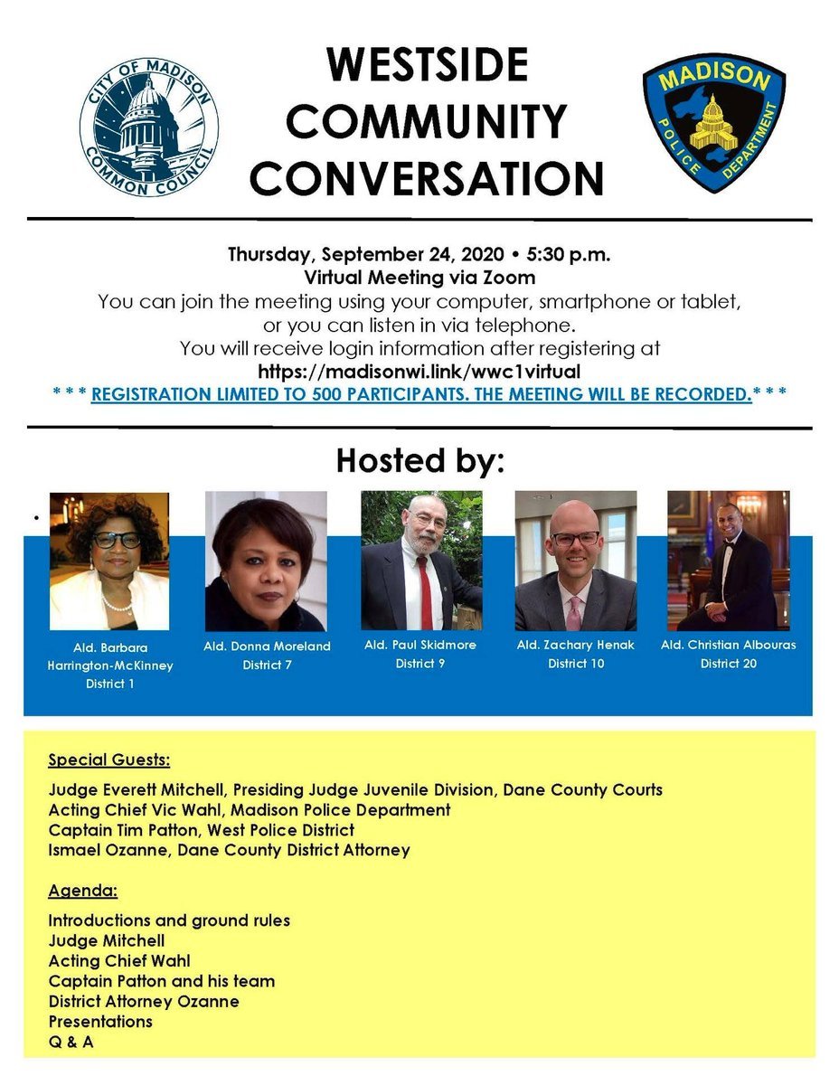 Hi! I'm attending today's Westside Community Conversation, a dialogue about recent public safety concerns between westside alderpeople, MPD Chief Vic Wahl, DA Ismael Ozanne, and other community leaders.LIVETWEETS ARE IN THIS THREAD.