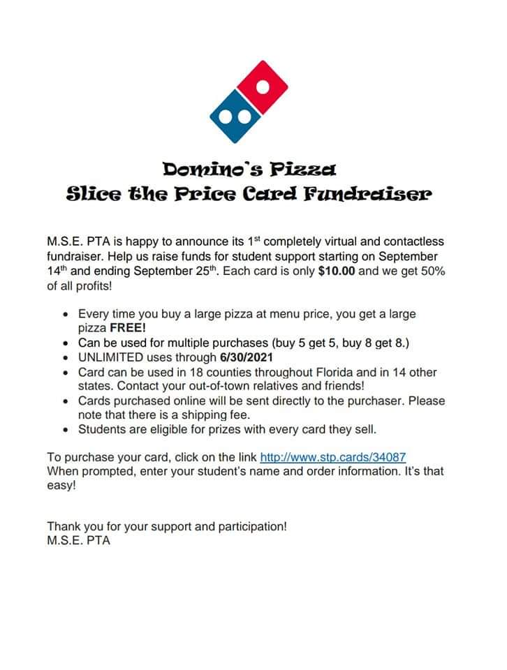 MSE_PTA's tweet photo. Domino's Pizza Fundraiser has been extended to October 4th - Order Today!!
Visit Us at: https://t.co/vNHSyBaZKI https://t.co/Mfz1OcBzfe