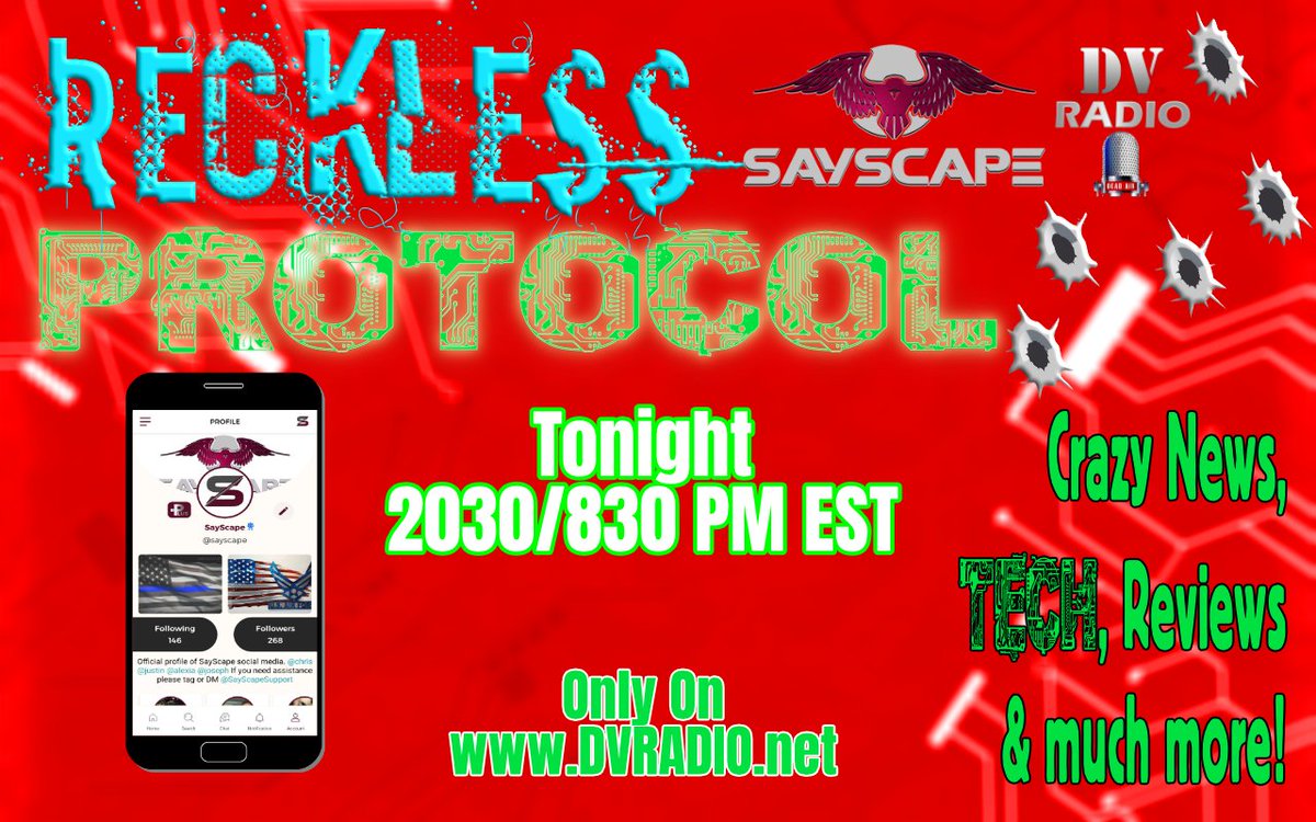 SayScape's tweet photo. What will you be doing tonight at 8:30pm?
Whatever it is, make it better by tuning into the premier of #RecklessProtocol! The new #podcast from #SayScape founders Chris and Justin.
Tonight at 8:30pm ET only on @DV_DVRadio
https://t.co/Y4NBZauXif https://t.co/P0aekAU1DR