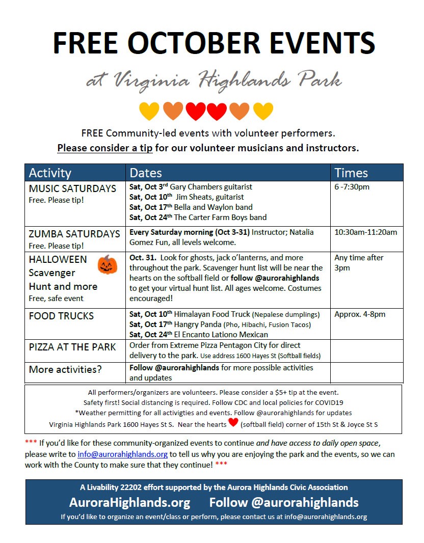AuroraHighlands's tweet photo. Summer is over 😔 but we got you covered! Check out the outdoor activities for October 🍁
Let's enjoy fall at the park. See you there! 💃🎼🔊🎃
#chairs #Zumba #livemusic #livability22202 @NationalLanding @RiverHouseApts @1401SouthJoyce @InstrataPC https://t.co/396Foleg9g