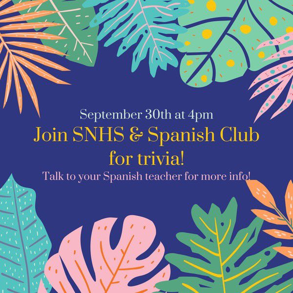 PR_SNHS's tweet photo. Excited to kick off Spanish Club &amp; SNHS next Wednesday with our first meeting and event—virtual trivia! Join our Canvas page for more info! @SraLeePR @SrtaGroat https://t.co/uuzLvCEeTZ