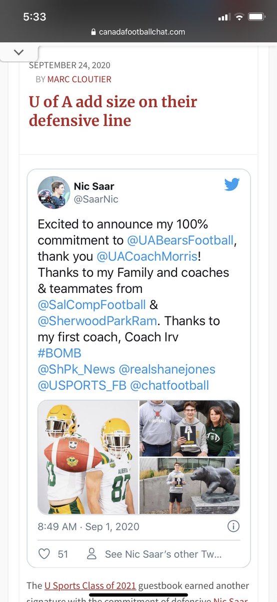 Signing alert! <a href="/SaarNic/">Nic Saar</a> is now a member of <a href="/UABearsFootball/">University of Alberta Football</a> - canadafootballchat.com/u-of-a-add-siz… #alberta #Edmonton #Canada <a href="/chatfootball/">CanadaFootballChat</a>