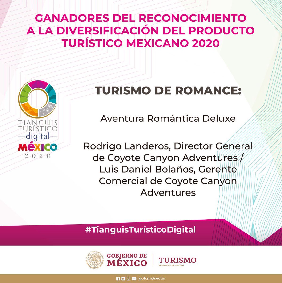 turismo_sma's tweet photo. Muchas felicidades a todo el equipo de @CoyoteCanyonSMA por ganar el reconocimiento de la diversificación del producto turístico Mexicano 2020 “Aventura Romántica Delux” en la categoría Turismo Romance.

El corazón de México sigue latiendo. ❤️👏🏻 

#TianguisTurísticoDigital https://t.co/P6jOi1H2KW