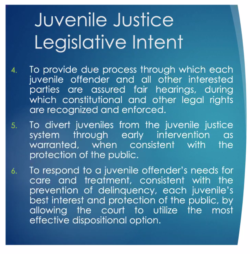 Mitchell lays out responsibilities for legislative intent within the juvenile justice system, including protecting people from juvenile crime and prevent further delinquent behavior through facilitating competency in the juvenile. (I couldn't screencap 1-3, but here's 4-6.)
