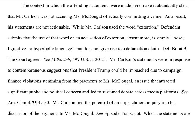 The court, remarkably, agrees with Fox News’ argument. No one should think Tucker Carlson presents facts on his show, and it’s “abundantly clear” when he said the undisputed facts were McDougal committed a crime, he didn’t mean it. The decision draws on a lot of inapt analogies.