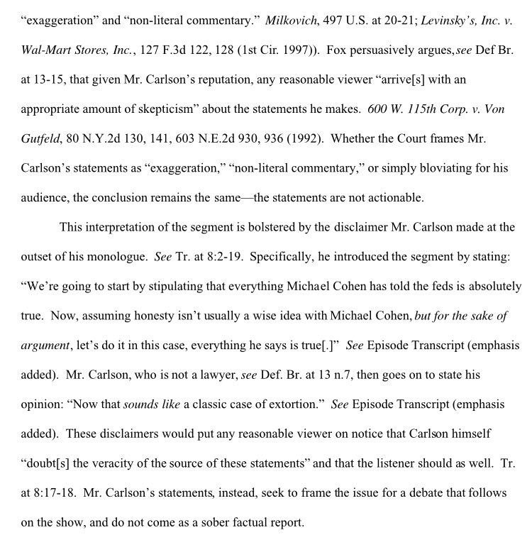 The court, remarkably, agrees with Fox News’ argument. No one should think Tucker Carlson presents facts on his show, and it’s “abundantly clear” when he said the undisputed facts were McDougal committed a crime, he didn’t mean it. The decision draws on a lot of inapt analogies.