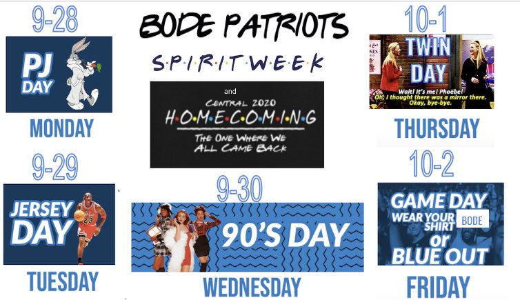 BodePatriots's tweet photo. Join us next week as we join Central High School in celebrating Homecoming with Spirit Week at Bode! The 7th hour class with the highest participation throughout the week will get a SWEET reward! #BMSProud #BodeVision2020 https://t.co/JAyWG03rpB