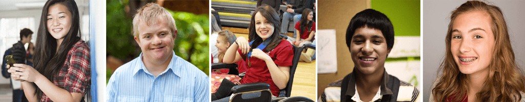 a series of four photographs featuring teenagers of different ethnicicites, genders and abilities