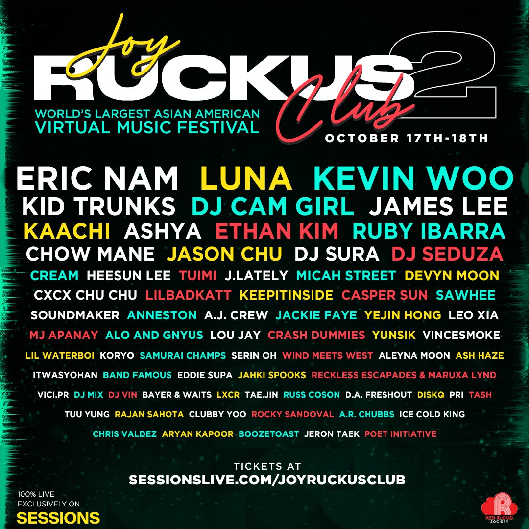 Joy Ruckus Club @joyruckusclub is back! The biggest Asian American virtual music festival on Oct 17-18! Tickets: sessionslive.com/joyruckusclub

#livestream #asianamerican #sessionslive #virtualconcert #virtualfestival #joyruckusclub
