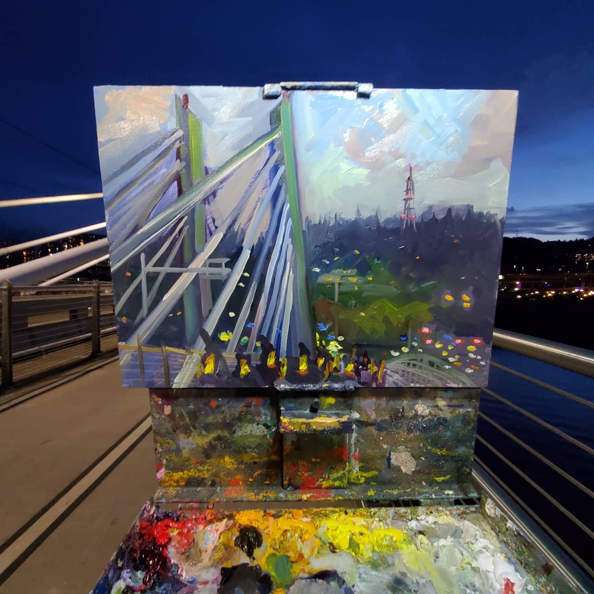 _Night_Painter's tweet photo. Setup my easel on the Tilikum Crossing Bridge at sunset tonight to capture the candlelight vigil for Ruth Bader Ginsburg, organized by the Portland Raging Grannies. #RuthBaderGinsburg #pleinair #oilpainting #pdxart #RIPRGB #portland #PDXprotests #PortlandProtests https://t.co/ecegXPVHuC