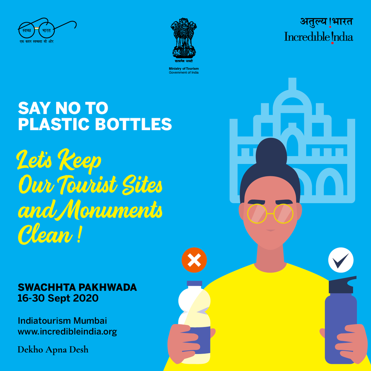 tourismgoi's tweet photo. Avoid carrying plastic and reduce waste to #keepmonumentsclean. Avoid littering and use the dustbins to ensure #cleantouristsites. Participate in the #swacchtapakhwada and promote cleanliness at tourist sites.
@prahladspatel @SwachhBharatGov @IndiatourismM https://t.co/ZclD6fs17h