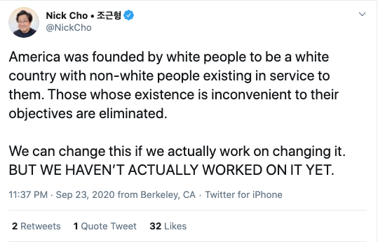 America was founded by wealthy people to serve their own interests.White indentured servitude predated slavery and was rife. Unlike Korean-Americans, Irish were often eliminated when inconvenient. My ancestors were among them. @NickCho is an ignorant, race-baiting charlatan.