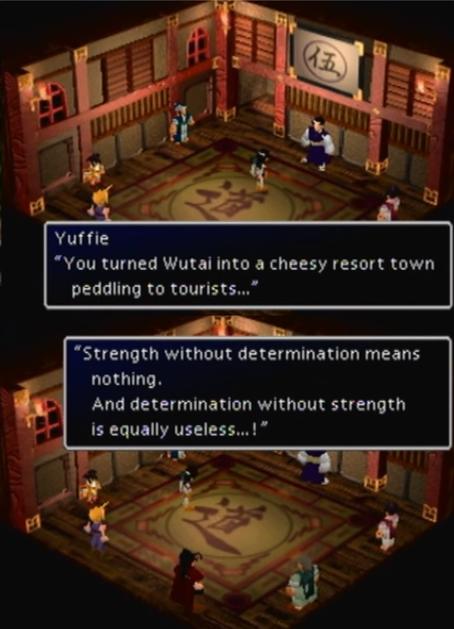 Yuffi. (i miss her)Behind her spoiled thief kid attitude she's the only one in Wutai, land humiliated by Shinra, that wants to turn things around, and keep the traditional might of her land while refusing to surrender her own culture to Midgar and its soft power invading it.