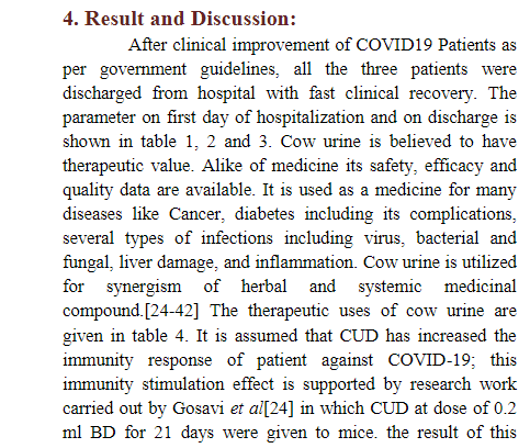 Finally, authors conclude that cowurine improved immunity (how it did is up2 readers fantasy) and all patients recovered wit cow urine. They then dive into the imaginary reasons why this is so, in the process, stretching readers imagination and then, sudenly discus  #Cancer! 9/n
