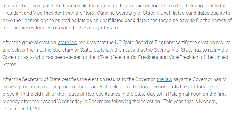 North Carolina law also gives all the power in certifying electors to the Secretary of State and the Governor. The Republicans no longer have a supermajority that could override a gubernatorial veto.  https://www.sosnc.gov/divisions/electoral_college/sos_and_electoral_college