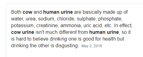 Im not sure why cow urine was used, and not human urine. Both hav similar composition, properties. Human urine easily available, people can donate free. Collection jars at public urinals ensure steady flow 4 clinical use. This discussion is missing from limitation section10/n