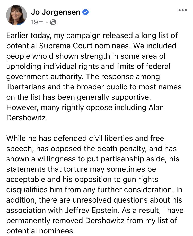 Opening Arguments On Twitter This Is Actually Perfect In That Jo Jorgensen Has Exactly As Much A Chance Of Ever Nominating A Supreme Court Justice As Alan Dershowitz Does Of Ever Being