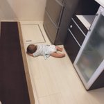 えっ…そこで？w台所で見事に力尽きる赤ちゃん!w