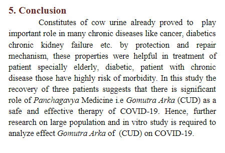 The authors finally call 4 population study on cow urine FOLLOWED BY in-vitro study. Interesting reverse science. They conclude that comorbidly ill patients with  #coronavirus recover with cow urine, based on family study of 3 who received all treatments under the Sun. 11/n