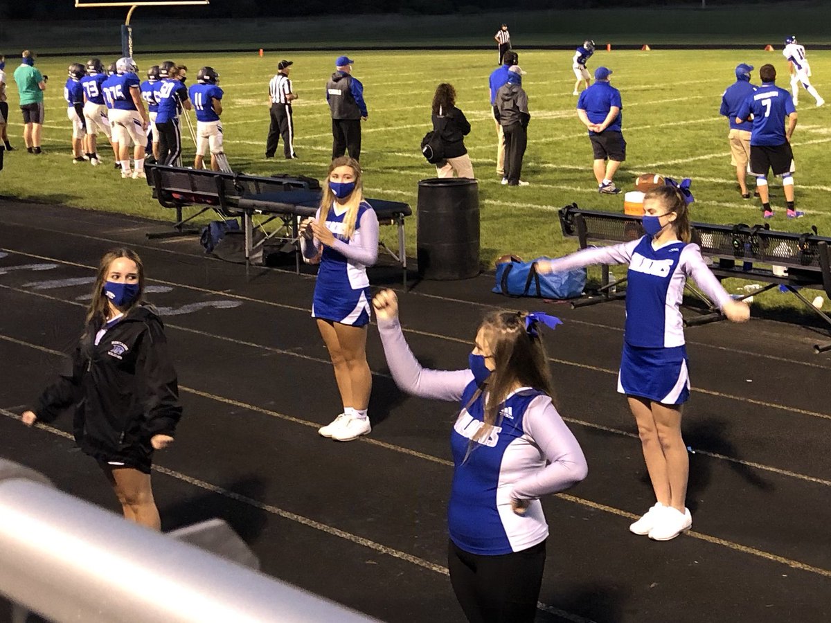 montwildcats's tweet photo. The #cheercats are cheering and the JV #footballcats are still up 6-0! It’s definitely fall in Montague! #betrueblue #letsgocats🐾💙🏈🎉 #wildcatpride https://t.co/W6PAWN8ONA